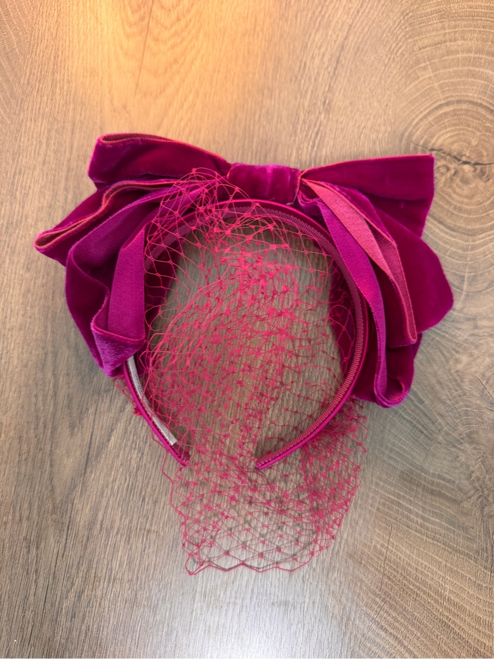Jennifer Behr Fuchsia Velvet Bow Headband with Veil